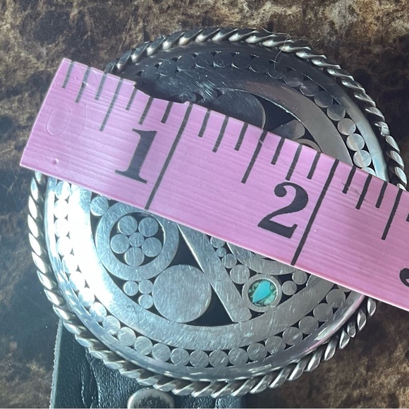 Vtg Mexican Leather Belt with Heavy Turquoise Chip Buckle - Picture 10 of 10